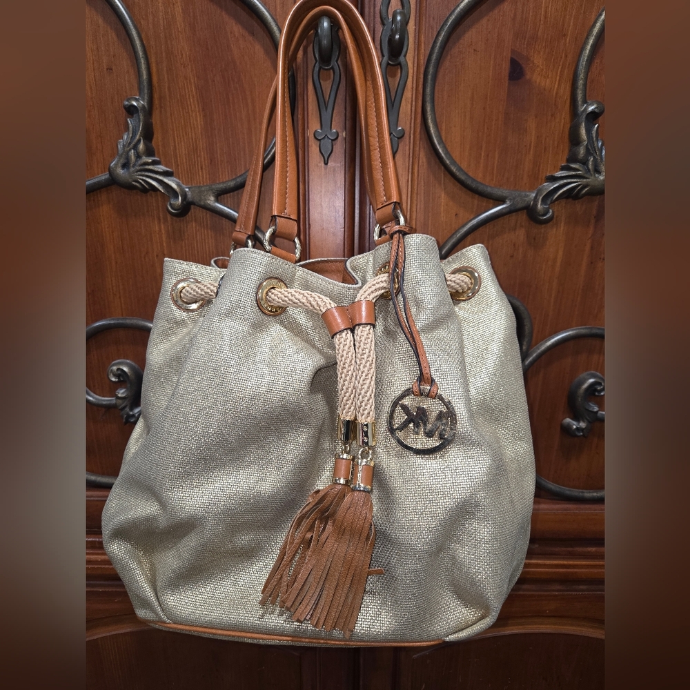 Michael Kors Marina Large Metallic Canvas Tote in Gold